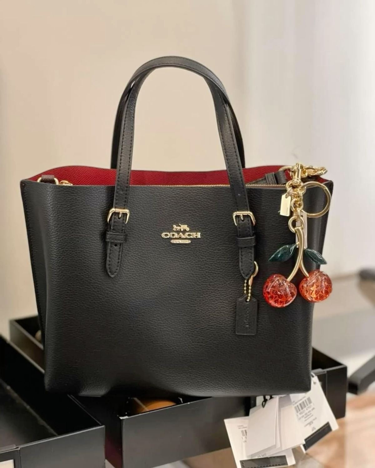 black coach with red interior and gold hardware